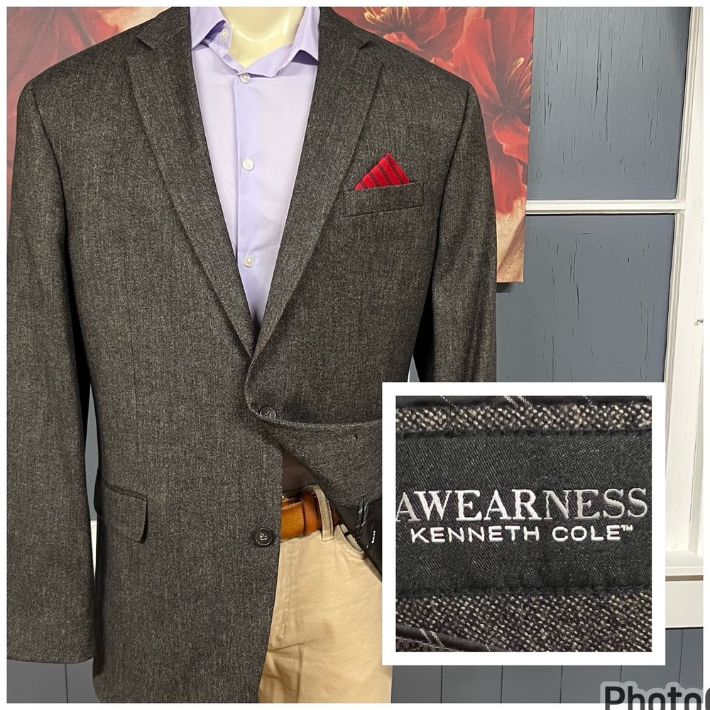 Kenneth Cole Blazer Mens 46L Long Slim Fit Wool Cotton Stretch Brown Flannel